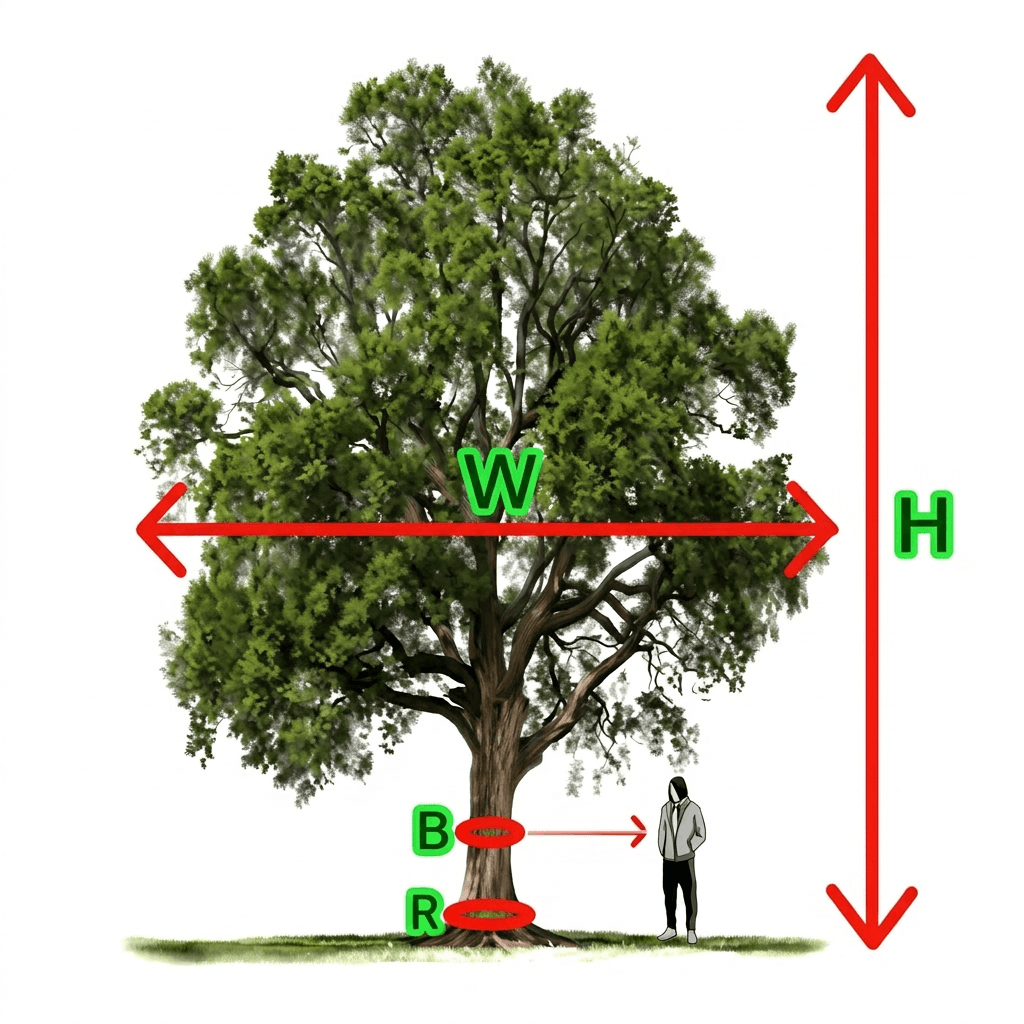 수목 측정 기준 (H, W, R, B) 도식